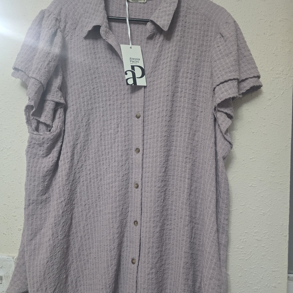 Button-Front Lavender Ruffle Sleeve Women's Top - Picture 2 of 4